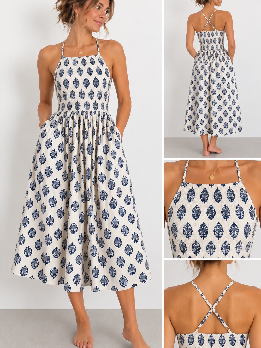J Crew women’s white dress with blue floral pattern size medium with pockets
